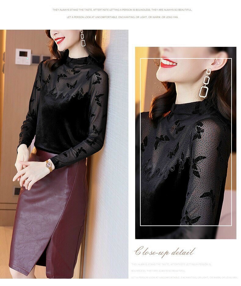 Áo Nhung Cổ Lưới Bướm Nổi - SM51